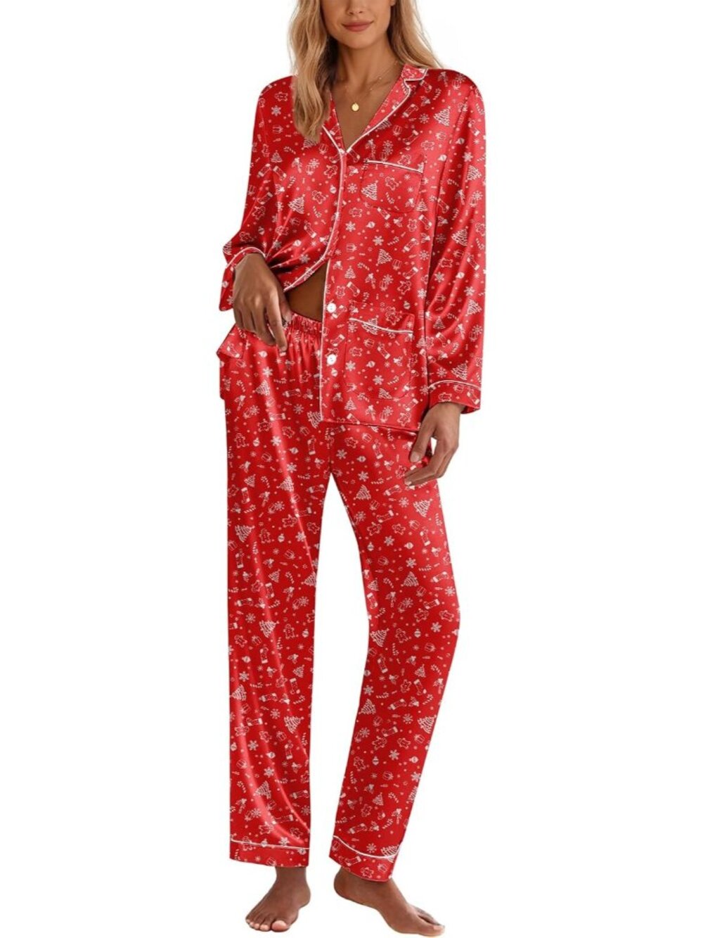 Women's Red Soft Button Down Long Sleeve Sleepwear Pajama Set with Pocket